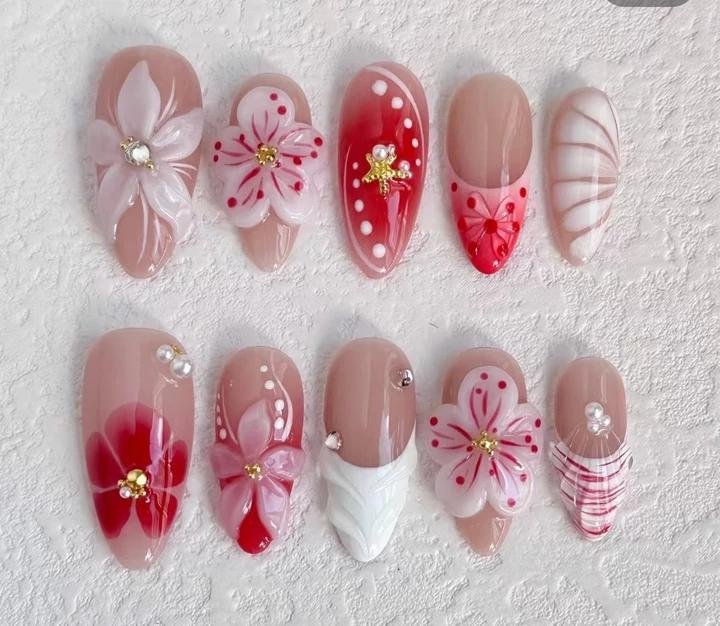 Crimson Blossom Lines volume-oriented press-on nail set