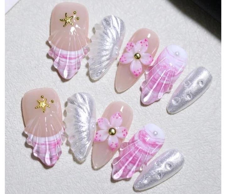 Silver Shell Petal volume-oriented press-on nail set